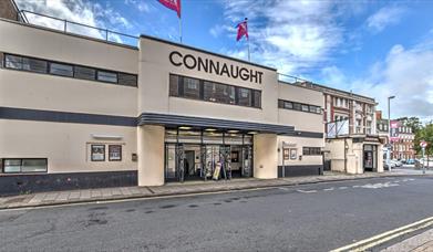 Connaught theatre external, showing a stylish wide building