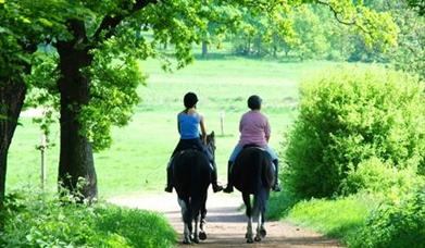 Two riders on horses walking down a country lane in Sussex