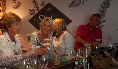 People raising their glasses at Slake distillery