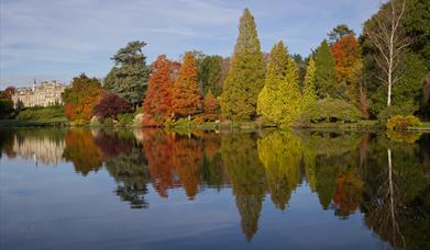National Trust Sheffield Park, lake, reflection in the water of bank of trees in autumnal colours