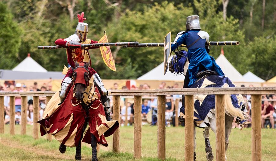 Two jousters wearing colourful medieval armour