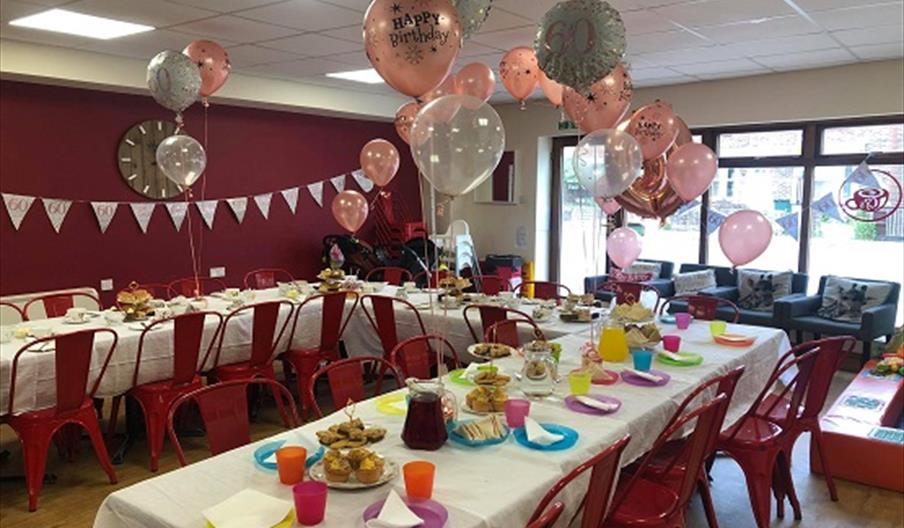 Cjs Cafe with tables set up for a birthday party