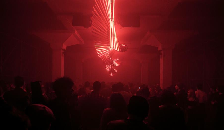 Twisting red neon strip lights in a dark room above a dancing crowd
