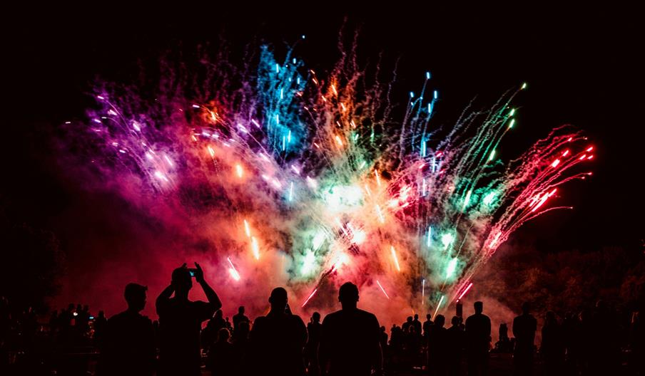 Group of people watching multicoloured fireworks