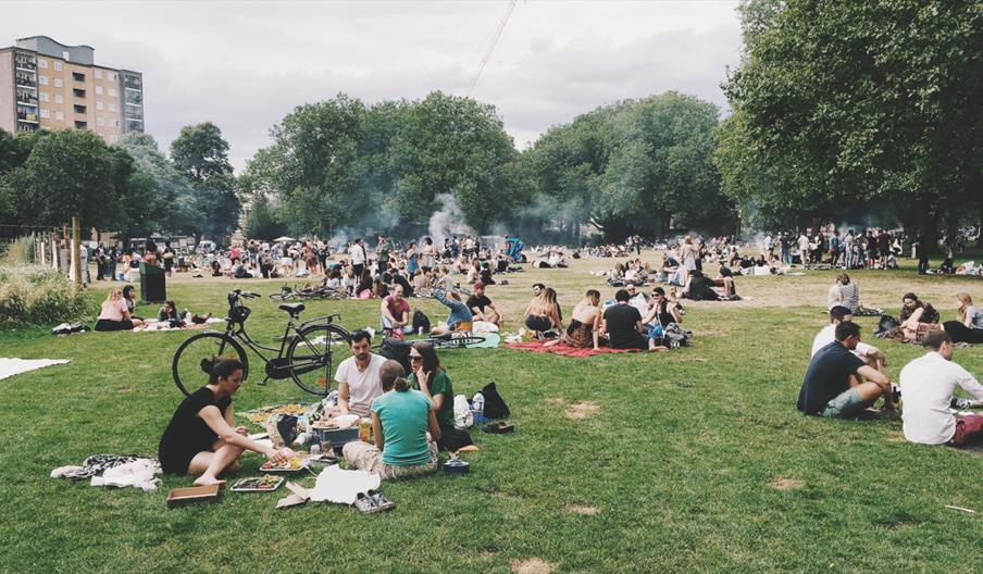 Groups of people gathered on green for picnic
