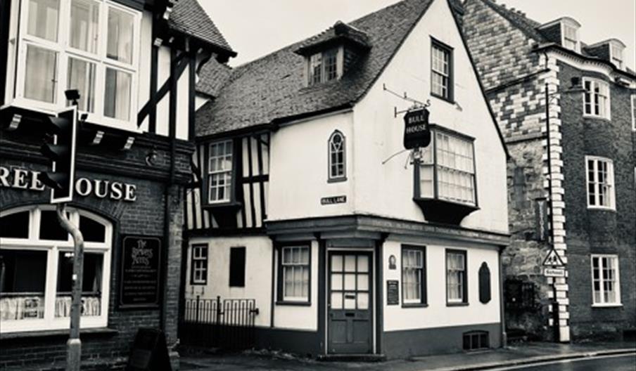black and white image of Bull House from the street