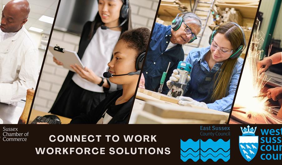 graphic with various photo images of people in different styles of workplace - a kitchen, an office, an workshop and workshops