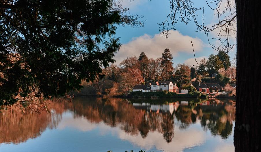 a view of the Lake House across the lake to the accommodation - a quiet secluded atmosphere