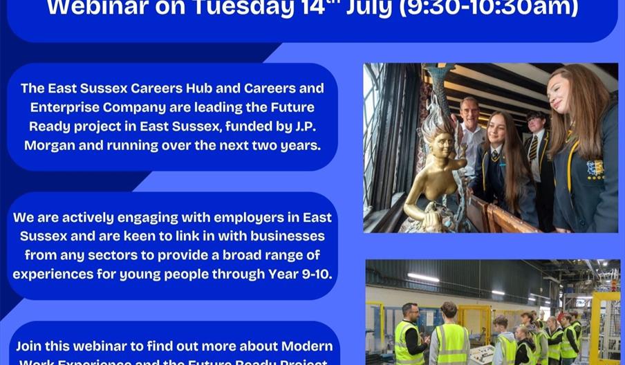 cut out of the graphic with two images - one of young people looking at a sculpture and the other of people on a factory floor wearing high vis jacket