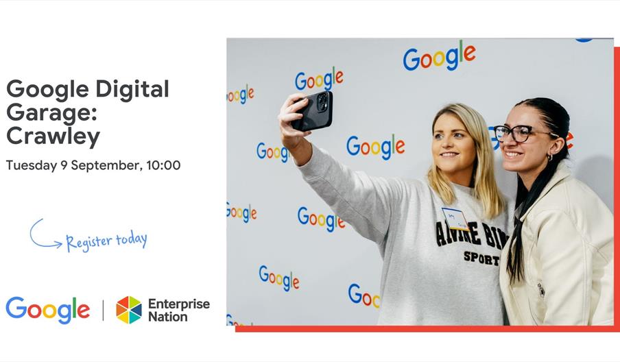 graphic with people doing a selfie and Google Digital Garage: Crawley