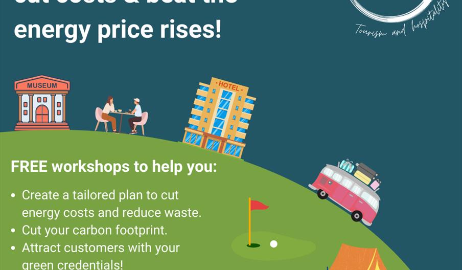 A graphic with wording on it and a green quarter circle representing the planet, with tourims related icons such as a camper van and people eating, a