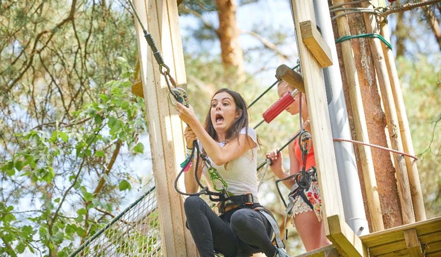 Woman stepping off the tarzan swing at Go Ape, screaming