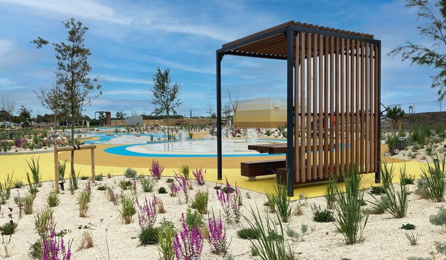 littlehampton west green, splash pad with covered bench area