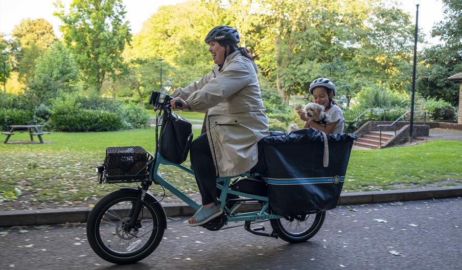 person riding a bicycle with a child in a hamper on the back