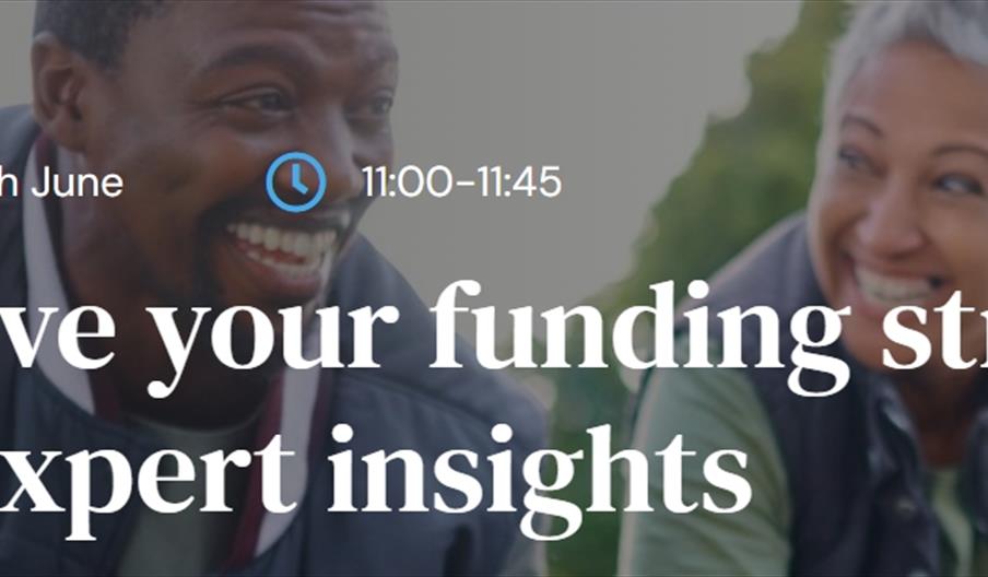graphic with three smiling faces and webinar title Improve your Funding Strategy with Expert Insights