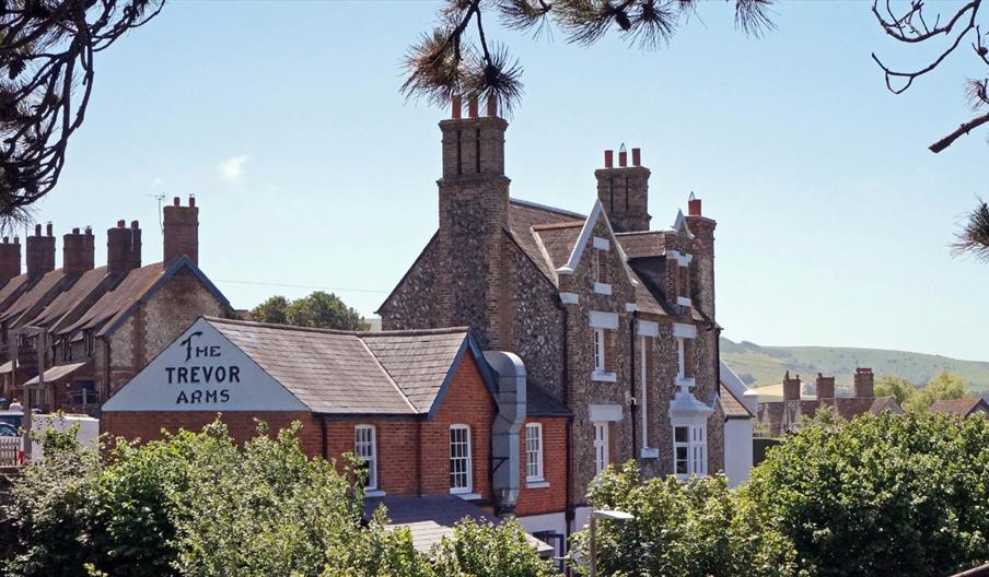View of the pub from afar - show the writing on its wall The Trevor Arms.