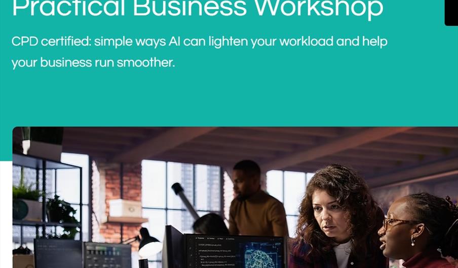 Graphic with two people looking at a computer screen in an office. With title of workshop