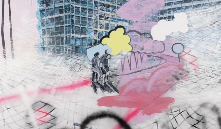 Acryllic painting with people walking towards a multistorey building under construction. Convey art in industrial setting... with spray paint effects