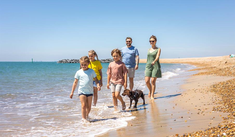 family and dog walking along west sands beach selsey