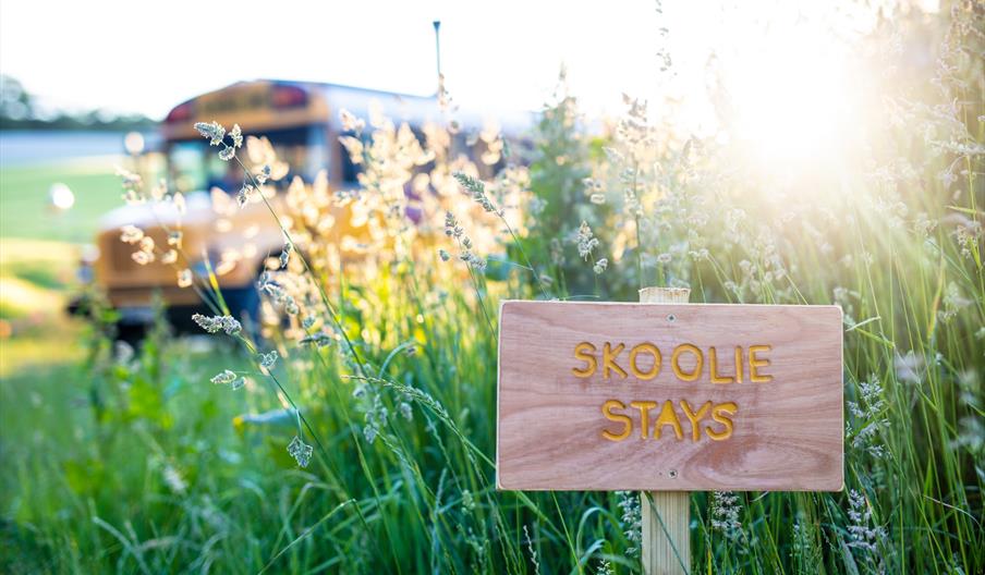 Skoolie Stays sign beside wildflowers in the Sussex countryside