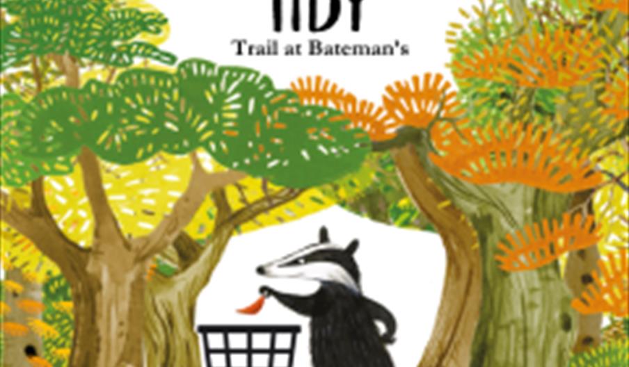 Illustration of a badger standing between trees, putting rubbish in a bin.