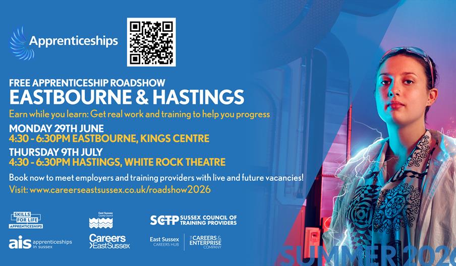 Graphic with details of the roadshow dates 29th June and 9th July in Eastbourne and Hastings respectively. And a picture of a woman who could be an ap