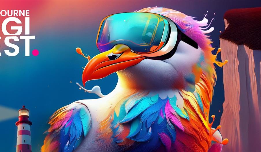 colourful AI graphic of a bird with sunglasses and coloured feathers.