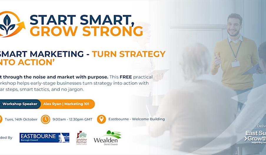 graphic with people in convesation and details of the event. Smart marketing