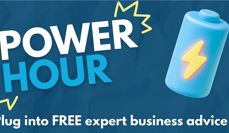 graphic of a battery and the words Power Hour - plug into FREE expert business advice