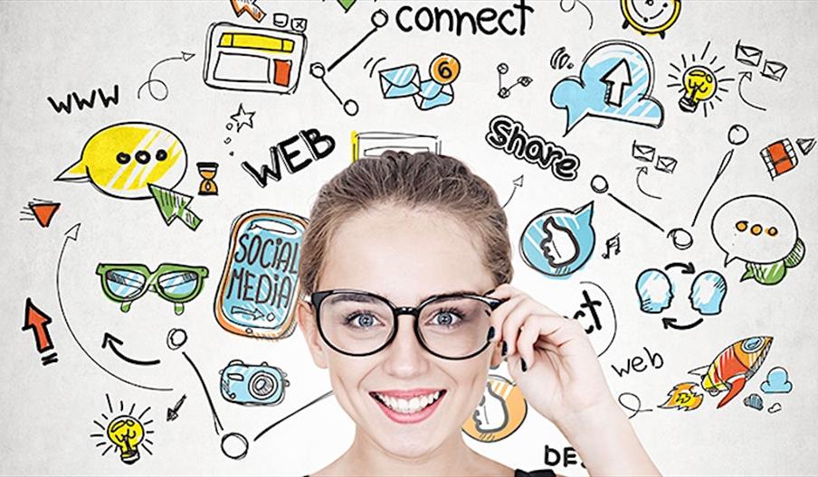 a woman smiling with a backdrop of graphics and social media language