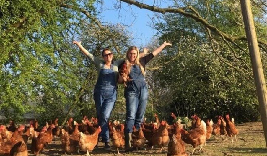 two women with arms high and smiling around lots of free roaming chickens
