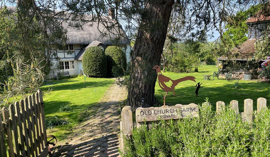 The ancient thatched farmhouse framed by a scots pine and gardens.