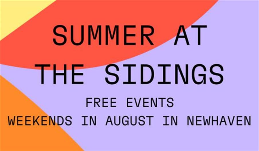 Graphic in red orange and purple with Summer at the Sidings
