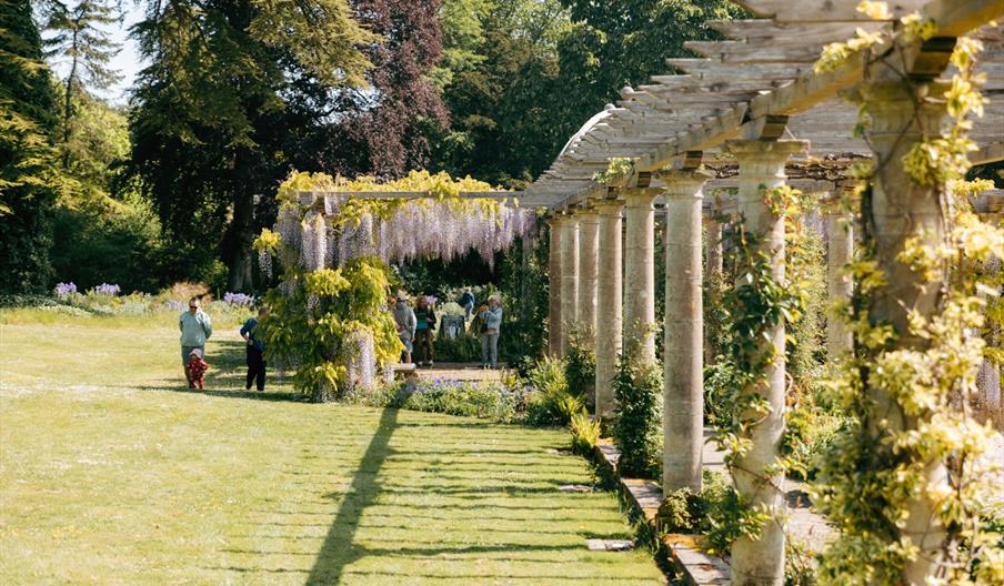 image looking at the gardens and water feature