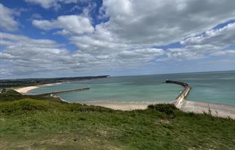 view out to sea with mouth of river Ouse and in the distance the seven sisters cliffs