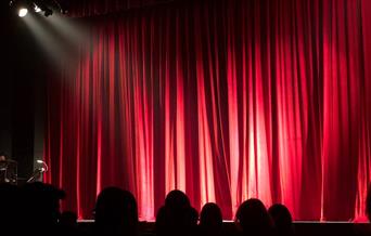 People sitting in a theatre in front of a red curtain