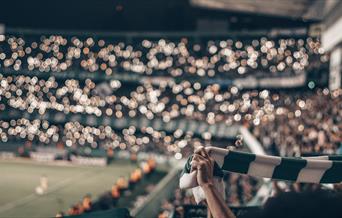 Fan holding green and white scarf at football game