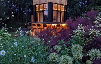 Outdoor bar with evening lighting surrounded by plants and trees