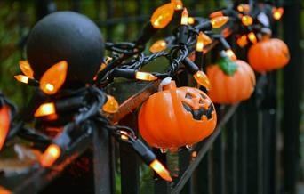 Black iron fence with orange pumpkin lights wrapped around
