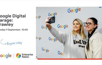 graphic with people doing a selfie and Google Digital Garage: Crawley