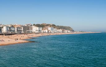 seafront at Hastings showing blue see and shingle beach