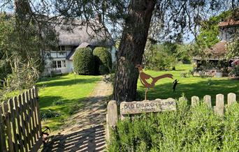 The ancient thatched farmhouse framed by a scots pine and gardens.