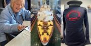 A woman looking at a postcard, a model of the Brighton 6 and Newhaven to Dieppe service jumper and cap