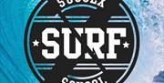 Sussex Surf school logo of two paddles crossed over a circle with the word SURF across the middle and sussex and school top and bottom