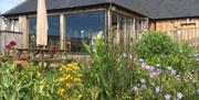 image of the outside of the cafe with wild flowers and showing the large windows of the cafe