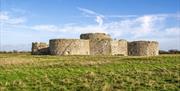 the castle ruins with blue sky back drop