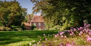 Farleys House & Garden with overhanging trees, grass lawn and pink flowers in the foreground