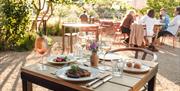 a table with food plates served in the garden and other outdoor seating in the background