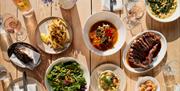places of food from a birds eye view - showing salads, meat dishes and hearty soup