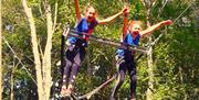 Two children with arms up in the air as they release the giant swing into free fall.